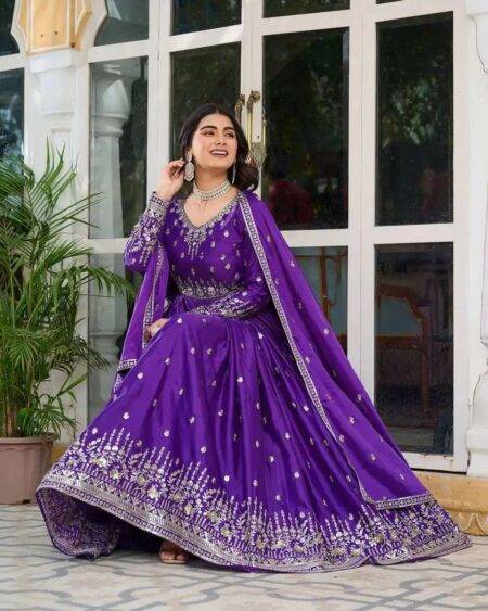 Women's American Silk Sequence Embroidery Long Anarkali Kurti (Gown) With Dupatta