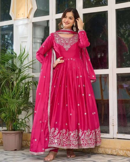 Women's American Silk Sequence Embroidery Long Anarkali Kurti Gown With Dupatta