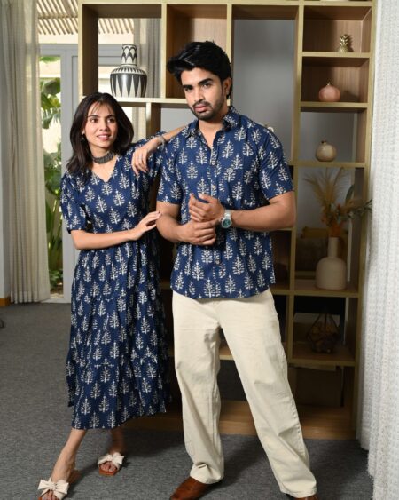 Couple Matching Navy-Blue Printed Cotton Anarkali Midi Dress & Shirt Set ? Summer Casual Wear