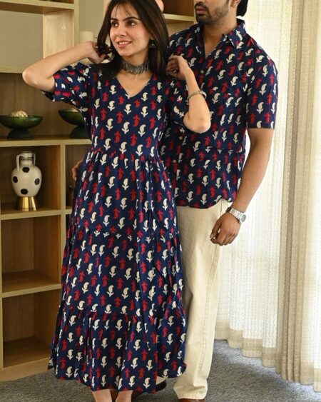 Couple Matching Navy Blue Cotton Anarkali Midi Dress and Shirt Set ? Red & White Abstract Print