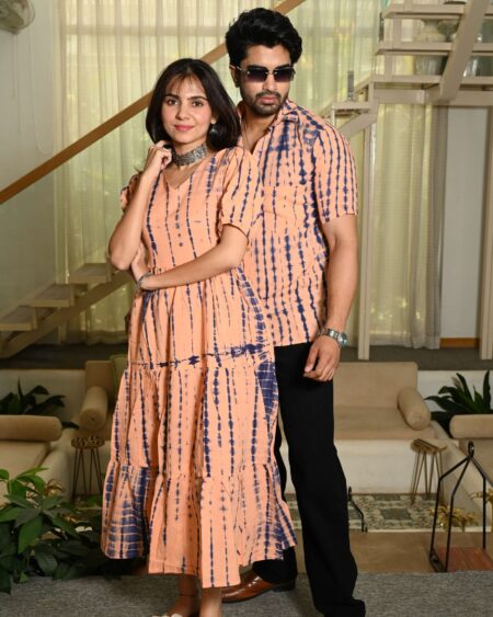 Couple Matching Peach Printed Cotton Anarkali Midi Dress & Shirt Set ? Summer Casual Wear