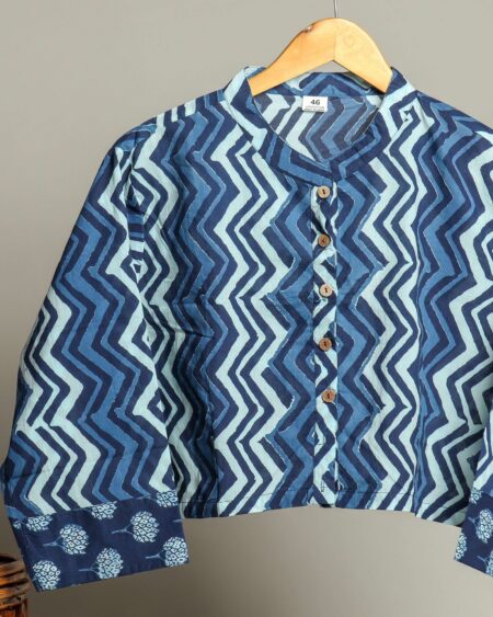 Handmade Cotton Shirt for Women ? Black & Grey Zigzag Print Button-Down Top with Full Sleeves