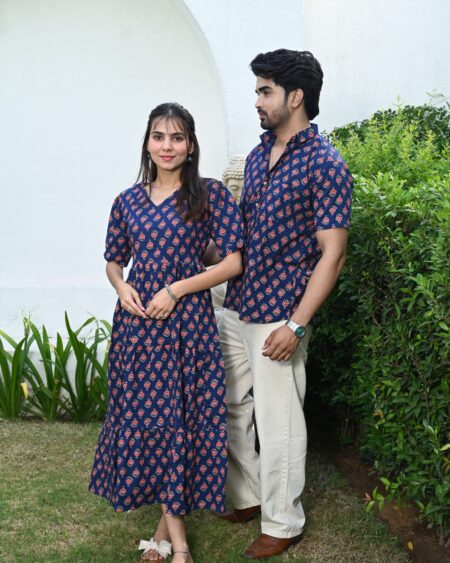 Couple Matching Navy Blue Cotton Printed Anarkali Midi Dress & Shirt Set ? Casual & Festive Wear