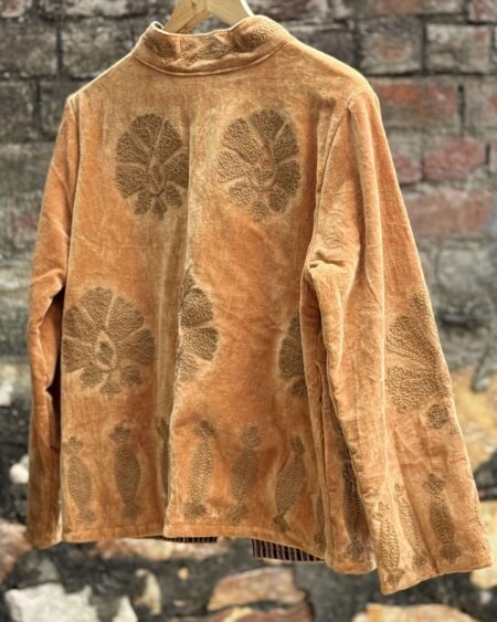 Womens Gold Velvet Embroidered Jacket with Floral Design