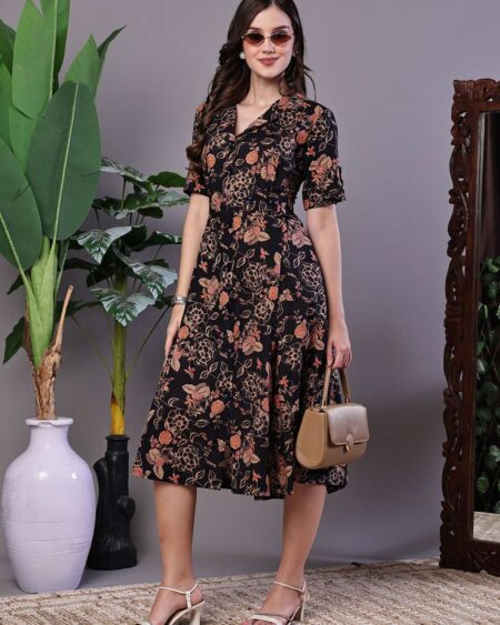 Women's Chic Black & Rust Floral Print Button-Front Midi Dress