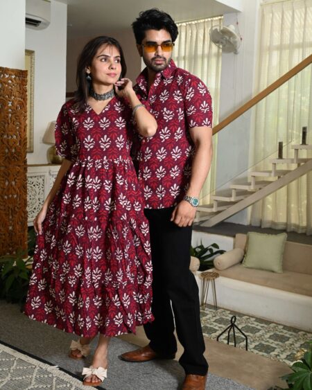 Couple Matching Maroon Cotton Printed Anarkali Midi Dress & Shirt Set ? Casual & Festive Wear