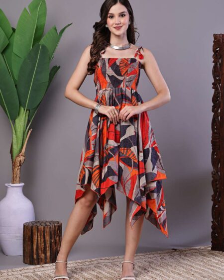 Women's Rust & Grey Abstract Print Cotton Handkerchief Hem Dress Midi Dresses